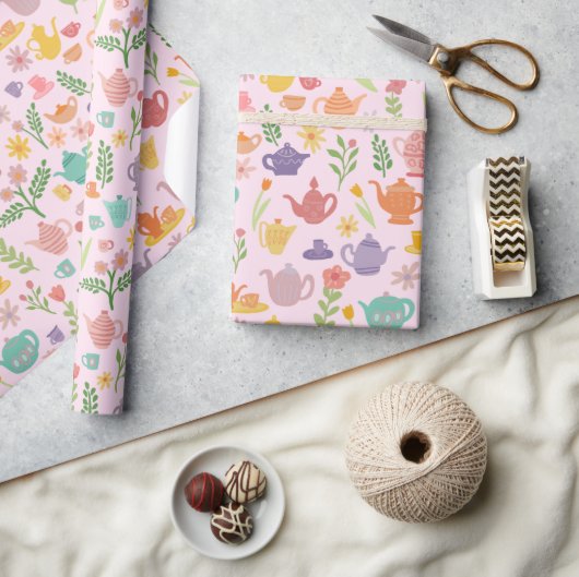 茶パーティーブライダルイースター春フローラ カラフル ラッピングペーパー (クラフト)