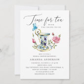 茶パーティーブライダルシャワーとバタフライ&ピンクローズ 招待状 (正面)