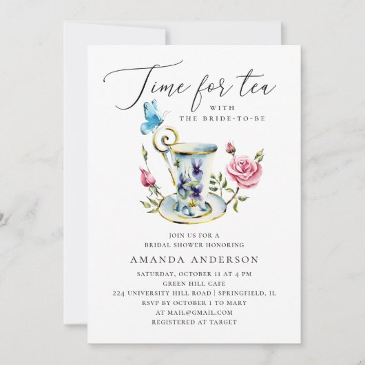 茶パーティーブライダルシャワーとバタフライ&ピンクローズ 招待状 (正面)