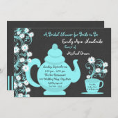 茶パーティーブライダルシャワーアクアアンド石板 招待状 (正面/裏面)