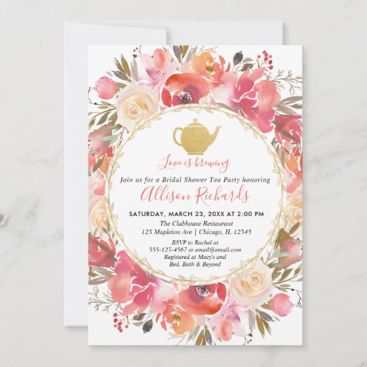 茶パーティーブライダルシャワーサンゴ赤面ピンク金ゴールド 招待状 (正面)