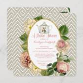 茶パーティーブライダルシャワーシェブロンストライプバラ 招待状 (正面/裏面)