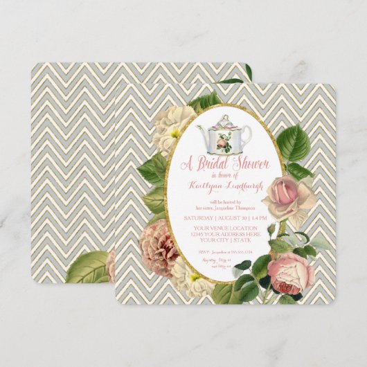 茶パーティーブライダルシャワーシェブロンストライプバラ 招待状 (正面/裏面)