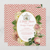 茶パーティーブライダルシャワーシェブロンストライプバラ 招待状 (正面/裏面)
