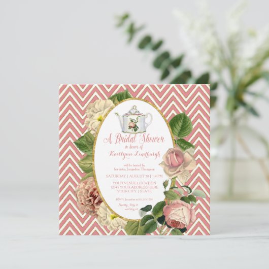茶パーティーブライダルシャワーシェブロンストライプバラ 招待状 (スタンド正面)