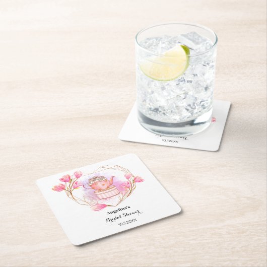 茶パーティーブライダルシャワーピンクホワイトフローラ スクエアペーパーコースター (インサイチュ)