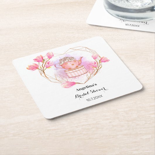 茶パーティーブライダルシャワーピンクホワイトフローラ スクエアペーパーコースター (アングル)