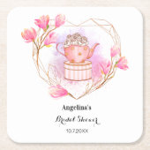 茶パーティーブライダルシャワーピンクホワイトフローラ スクエアペーパーコースター (正面)