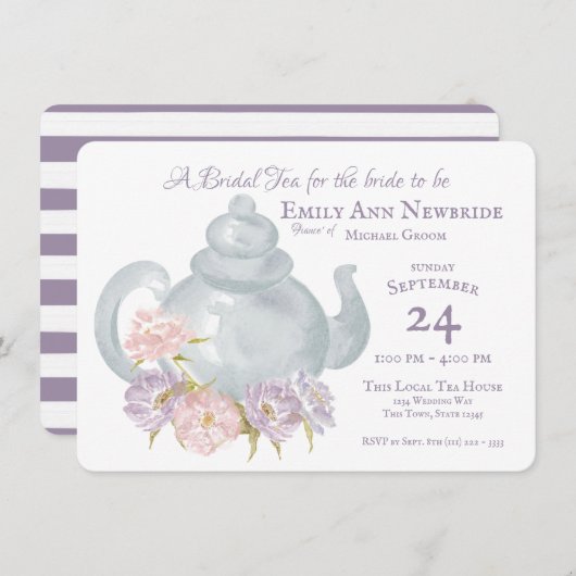 茶パーティーブライダルシャワーフローラ茶ポット 招待状 (正面/裏面)