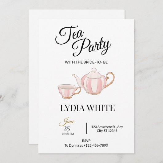 茶パーティーブライダルシャワーブライダルティーシャワー 招待状 (正面/裏面)