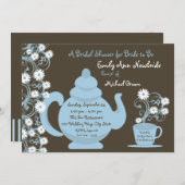 茶パーティーブライダルシャワーブルーとブラウン 招待状 (正面/裏面)