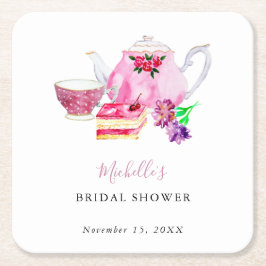 茶パーティーブライダルシャワー赤面ほこりっぽいバラティーポット スクエアペーパーコースター