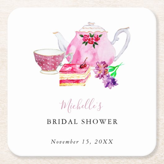 茶パーティーブライダルシャワー赤面ほこりっぽいバラティーポット スクエアペーパーコースター (正面)