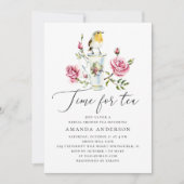 茶パーティーブライダルシャワー。ピンクエレガントのバラ&バード 招待状 (正面)