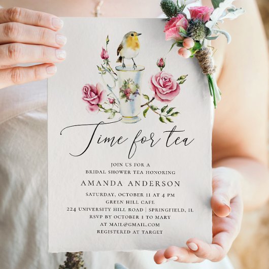 茶パーティーブライダルシャワー。ピンクエレガントのバラ&バード 招待状