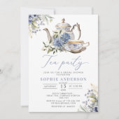 茶パーティーブルーフローラ水彩ブライダルシャワー 招待状 (正面)