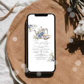 茶パーティーブルーフローラ水彩ブライダルシャワー 招待状