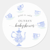 茶パーティーブルー中国ホワイトレースボーイベビーシャワー ラウンドシール (正面)
