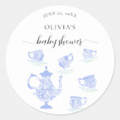 茶パーティーブルー中国レースかわいい男の子ベビーシャワー ラウンドシール (正面)