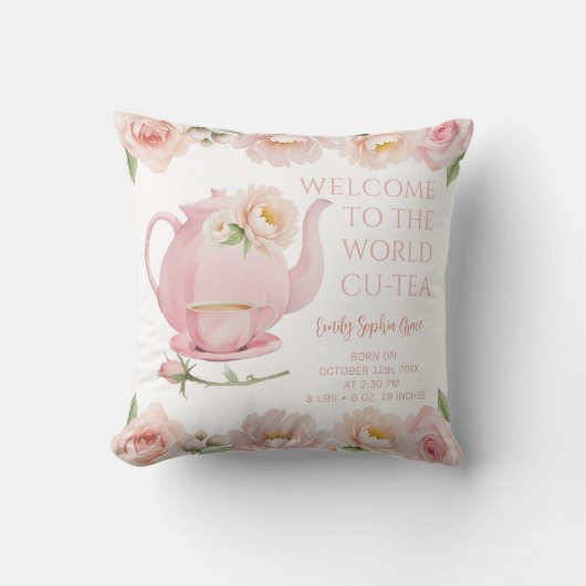 茶パーティーベビーガール誕生統計フローラキープサケ クッション (正面)
