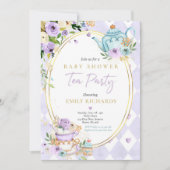 茶パーティーベビーシャワーガール薄紫バラベビー醸造 招待状 (正面)