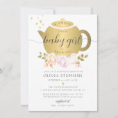 茶パーティーモダンエレガント金ゴールドバラ赤ちゃんシャワー 招待状 (正面)