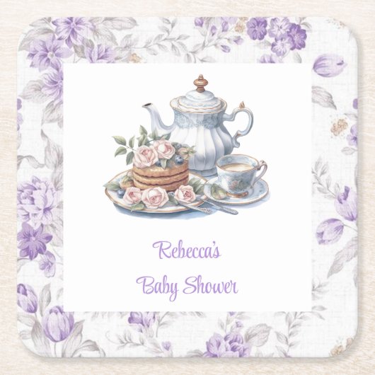 茶パーティーラベンダーガーデンフローラベビーシャワー スクエアペーパーコースター (正面)