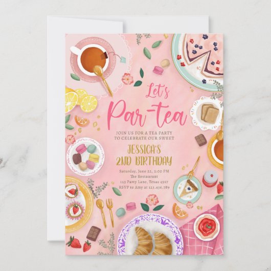 茶パーティーレッツパーティーガールピンク金ゴールド誕生日 招待状 (正面)