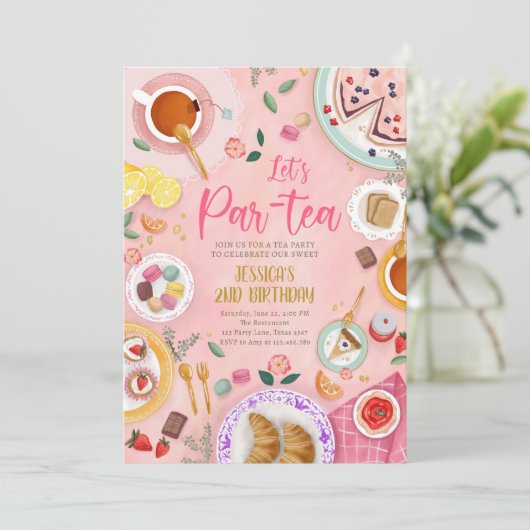 茶パーティーレッツパーティーガールピンク金ゴールド誕生日 招待状 (スタンド正面)