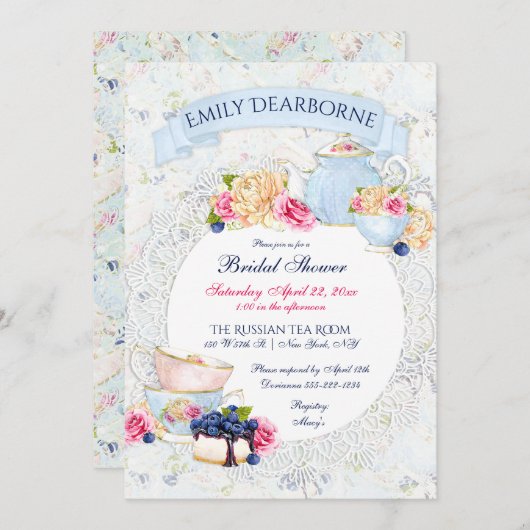 茶パーティーレースドリーウォーター色 招待状 (正面/裏面)