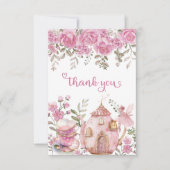 茶パーティー妖精ガール赤面ピンクフラワーズ誕生日 サンキューカード (正面)