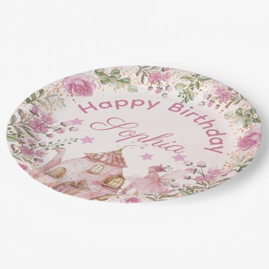 茶パーティー妖精ガール赤面ピンクフラワーズ誕生日 ペーパープレート (アングル)
