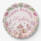 茶パーティー妖精ガール赤面ピンクフラワーズ誕生日 ペーパープレート (正面)