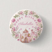 茶パーティー妖精ガール赤面ピンクフラワーズ誕生日 缶バッジ (正面)