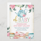 茶パーティー水カラーフローラベビーシャワー 招待状 (正面/裏面)