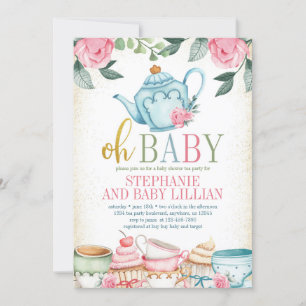 茶パーティー水カラーフローラベビーシャワー 招待状