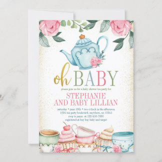茶パーティー水カラーフローラベビーシャワー 招待状