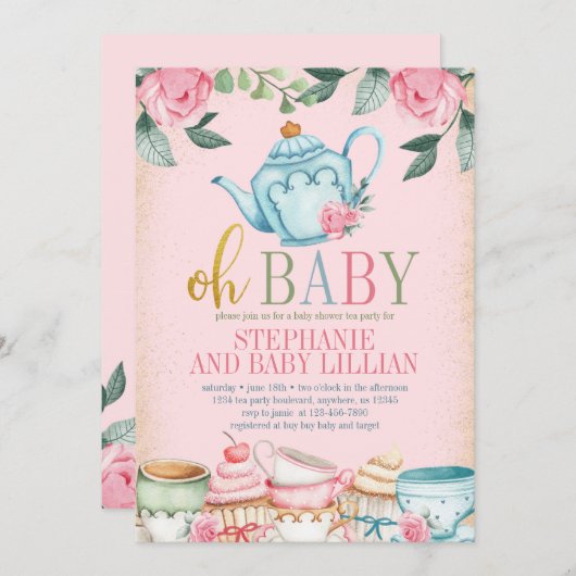 茶パーティー水彩フローラベビーシャワー招待状 招待状 (正面/裏面)