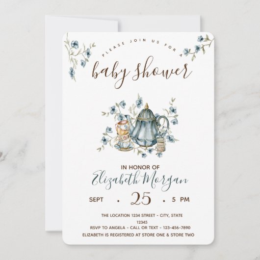 茶パーティー水玉模様ベビーシャワー 招待状 (正面)