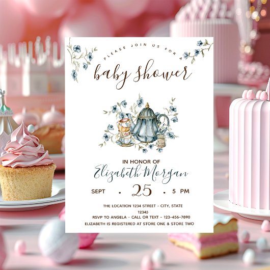 茶パーティー水玉模様ベビーシャワー 招待状
