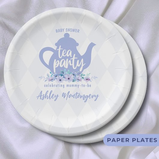 茶パーティー紫の水色ベビーシャワー ペーパープレート