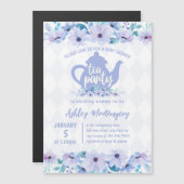 茶パーティー紫の水色ベビーシャワー マグネット招待状 (正面/裏面)