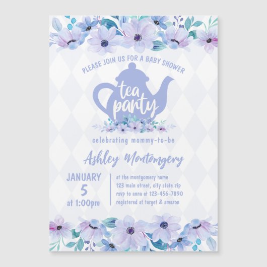 茶パーティー紫の水色ベビーシャワー マグネット招待状 (正面)
