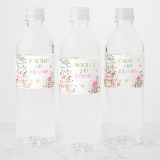 茶パーティー誕生日ガールピンク&金ゴールドフローラPar-tea ペットボトルラベル (ボトル)