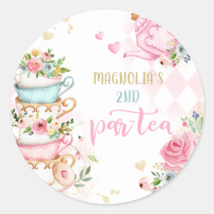 茶パーティー誕生日ガールピンク&金ゴールドフローラPar-tea ラウンドシール