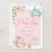 茶パーティー誕生日ガールピンク&金ゴールドフローラPar-tea 招待状 (正面)