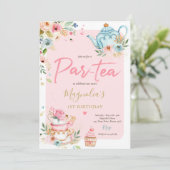 茶パーティー誕生日ガールピンク&金ゴールドフローラPar-tea 招待状 (スタンド正面)