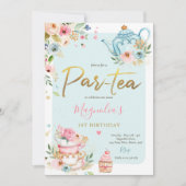茶パーティー誕生日ガールピンク&金ゴールドフローラPar-tea 招待状 (正面)