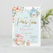 茶パーティー誕生日ガールピンク&金ゴールドフローラPar-tea 招待状 (スタンド正面)