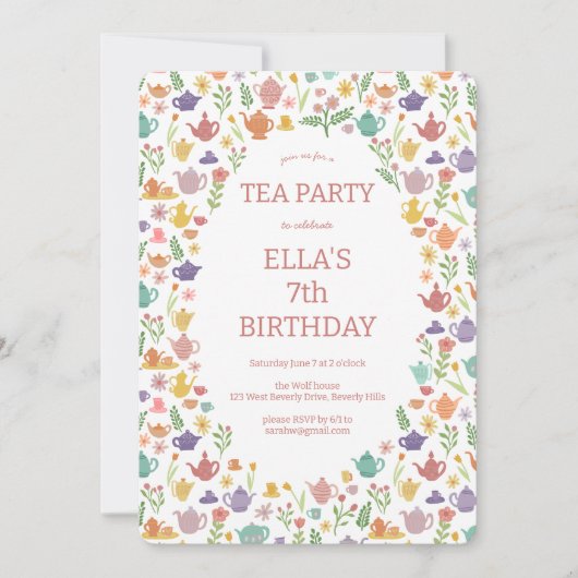 茶パーティー誕生日キュートカスタムフローラ 招待状 (正面)